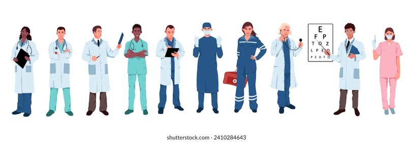 Group of doctor in white gown holding clipboard, male and female medic wearing uniform. Hospital employee standing in row. Pharmacist medicine. Emergency treatment concept. Vector illustration