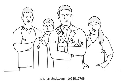 Group doctors  and arms crossed  Concept teamwork in hospital  Line drawing vector illustration 