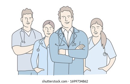 Group of doctors  with arms crossed. Concept teamwork in hospital. Hand drawn vector illustration.