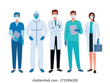 Group of doctors cartoon characters in white medical face mask. Stop coronavirus