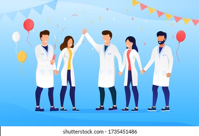 A Group Of Doctors Celebrate The Victory Happy Faces Specialists Young Beautiful Doctors In White Clothes Enjoy The Moment Of Victory Cheerful Professionals Enjoy The Moment Flat Vector Illustration