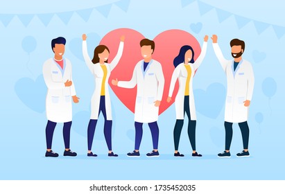 A Group Of Doctors Celebrate The Victory Happy Faces Specialists Young Beautiful Doctors In White Clothes Enjoy The Moment Of Victory Cheerful Professionals Enjoy The Moment Flat Vector Illustration