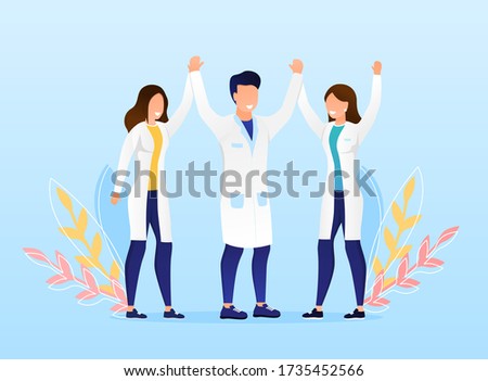 A group of doctors celebrate the victory Happy faces specialists Young beautiful doctors in white clothes enjoy the moment of victory Cheerful Professionals enjoy the moment Flat Vector Illustration