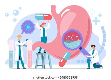 Grupo de médicos revisan el estómago humano para enfermedades.Cuidado de la salud y el concepto de diseño de tratamiento estomacal. La gastroenterología como trastorno del aparato digestivo.