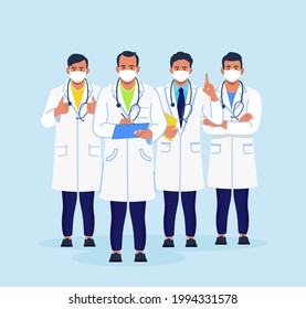 Group of doctors in coats and face masks standing together. Banner with team of medical staff, physician, hospital workers in medic uniform. Vector illustration