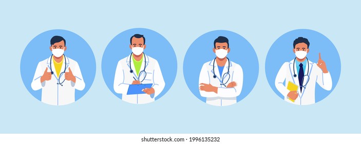 Group of doctors in coats and face masks isolated on background. Banner with team of medical staff, physician, hospital workers in medic uniform. Vector illustration