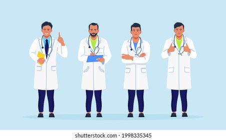 Group of doctors in coats with stethoscope standing together. Banner with team of medical staff, physician, hospital workers in medic uniform. Vector illustration