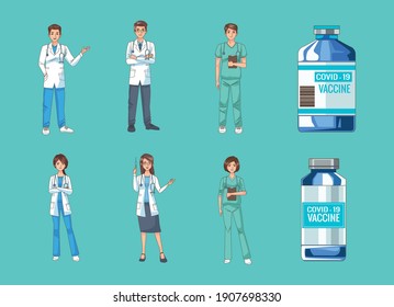group of doctors with covid19 vaccine vials vector illustration design