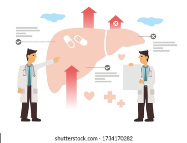 Group of doctors diagnose the liver. Hepatitis concept. Flat cartoon character vector illustration isolated on a white background.