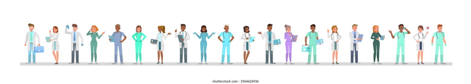 Group of doctors different poses character vector design. Presentation in various action with emotions.