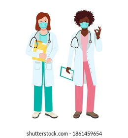 A group of doctors of different skin colors, nationalities, and ethnic races. Different poses of doctors. The concept of quarantine coronavirus vector character design.
