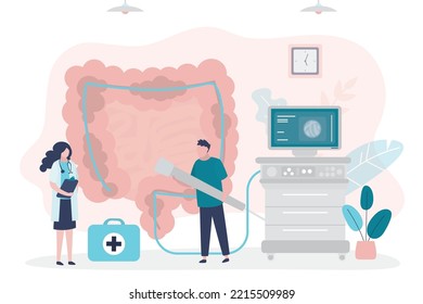 Group of doctors do it colonoscopy procedure in private clinic. Undergo rectum disease screening in hospital. Intestine diagnostic, research and healthcare. Flat vector illustration.