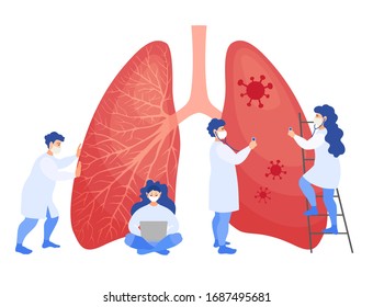 Group of doctors examine the lungs affected by a coronavirus. Vector illustration in cartoon style. Medical personnel in masks rescues from pneumonia. A concept on the treatment of the corona virus.