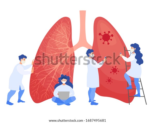 Group of doctors examine the lungs affected by a coronavirus. Vector illustration in cartoon style. Medical personnel in masks rescues from pneumonia. A concept on the treatment of the corona virus.