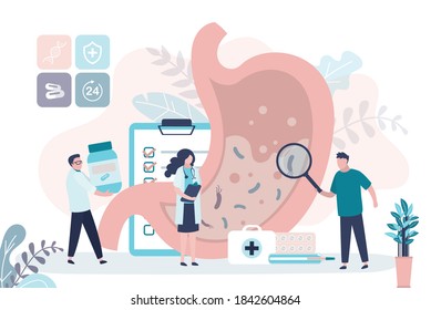 Group of doctors examine stomach for diseases. Diagnosis and treatment of gastritis. Digestive system checkup. Concept of gastroenterology, healthcare and medicine. Trendy flat vector illustration