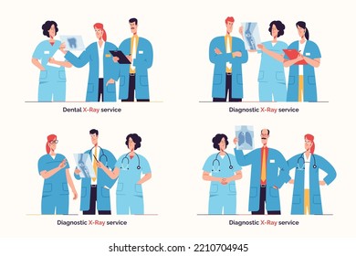 Group of doctors are examining x-ray image. Vector illustration.