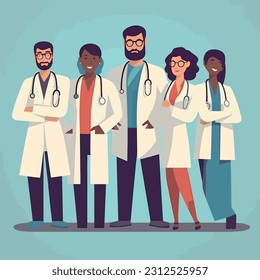 Group of doctors in a flat, minimalistic style. Team of healthcare professionals, each with their unique specialties