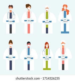 Group of doctors holding a corona virus signs Stop COVID-19 We work for you Doctor wearing breathing masks to protect from virus Quarantine concept Virus prevention Isolated vector illustration