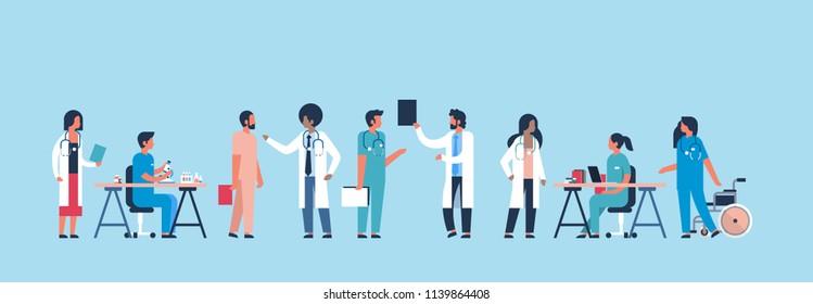 group doctors hospital communication making scientific experiments diverse medical workers blue background flat banner vector illustration