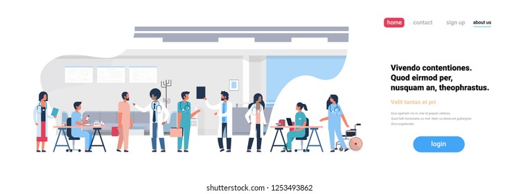 group doctors hospital communication making scientific experiments diverse medical workers modern clinic interior flat copy space banner