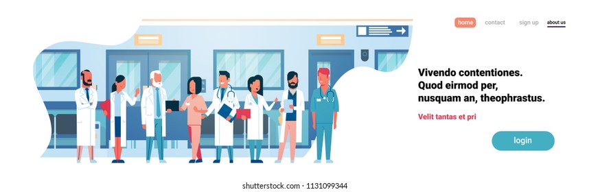 Group Doctors Hospital Corridor Diverse Medical Workers Modern Clinic Banner Copy Space Flat Full Length Vector Illustration