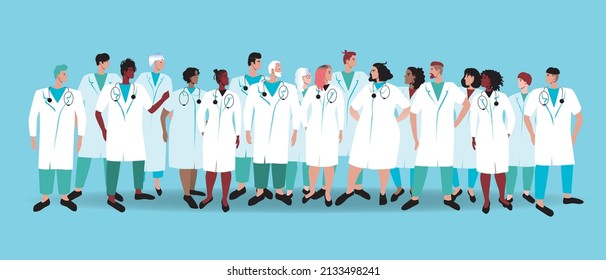 Group of doctors is isolated. Flat vector stock illustration. Doctors, nurses, interns or residents during teamwork or training. Medical education. People in white coats