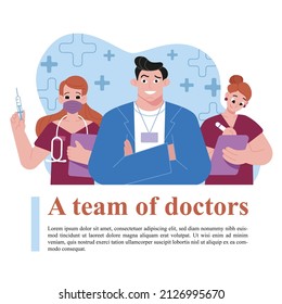 Grupo de médicos aislados con antecedentes blancos. Equipo de trabajadores profesionales de la salud en la pancarta de vector plano