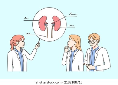 Group of doctors look at body organ shot discuss treatment together. Team of medical specialist consider patient sickness in hospital. Healthcare and medicine. Vector illustration. 