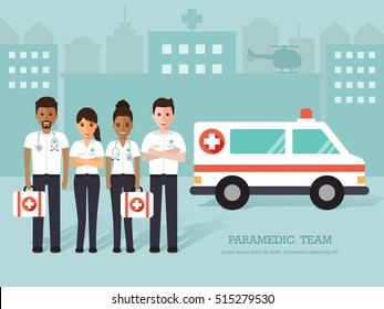 Group of doctors, man and woman paramedics, medical staff standing in front of hospital with ambulance. Flat design people characters.