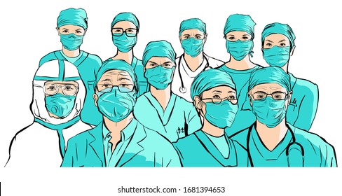 Group of doctors with mask for infectious illness - vector illustration 