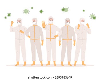 A group of doctors or medical health care professionals in protective suits, glasses and medical masks. Coronavirus protection concept. Vector illustration in a flat style