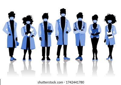 Group of doctors and medical staff people in surgical masks, various poses. Hospital medical team concept. Vector illustration