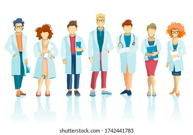 Group of doctors and medical staff people, character in various poses. Hospital medical team concept. Vector illustration