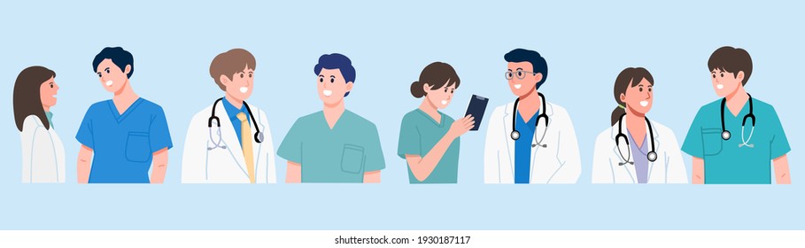 Group Of Doctors, Medical Staff Standing And Talking On Blue Background, Doctor Teamwork Banner. Vector Illustration Flat Design