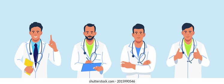 Group of doctors, medical staff standing together Doctor teamwork. Physician team. Friendly and caring medics in white coats with stethoscopes. Vector illustration