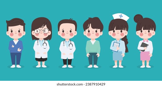 Grupo de médicos y personal médico. Concepto de equipo médico en diseño plano personajes de personas con gesto de clipart de gesto de gown.