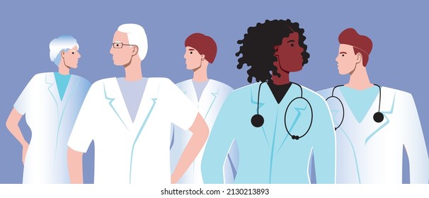 Group of doctors, medical students, nurses together. Flat vector stock illustration. Dentist, dentist or therapist in white coats with stetascope. Multicultural people work