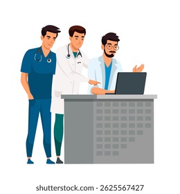 Group of doctors in medical uniforms discussing diagnosis at laptop. Healthcare professionals team working together at hospital reception. Medical consultation, clinic staff vector illustration.
