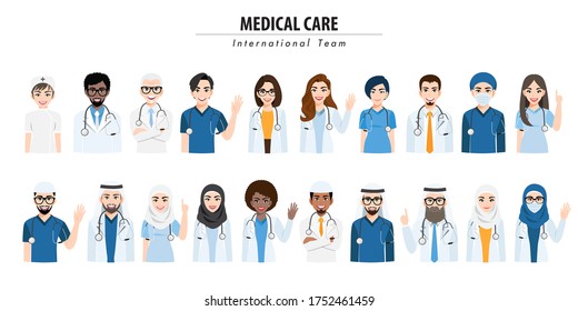 Group of doctors and a nurse team cartoon action half body banner. Team of medical workers on a white background. Hospital staff. Cartoon character design vector