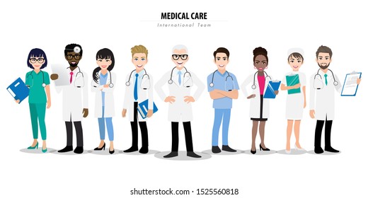 Group of doctors and a nurse team standing together in different poses. Team of medical workers on a white background. Hospital staff. Cartoon character design vector