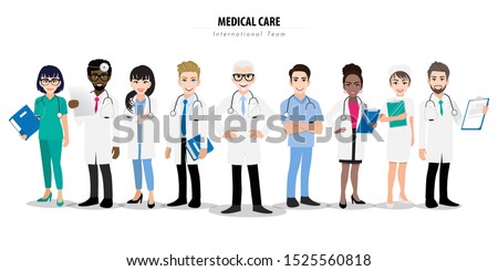 Group of doctors and a nurse team standing together in different poses. Team of medical workers on a white background. Hospital staff. Cartoon character design vector