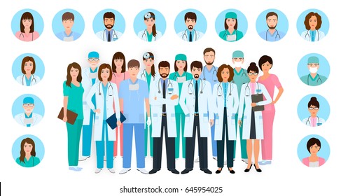Group of doctors and nurses characters in different poses with vector profile avatars. Medical people design. Hospital staff. Flat style vector illustration.