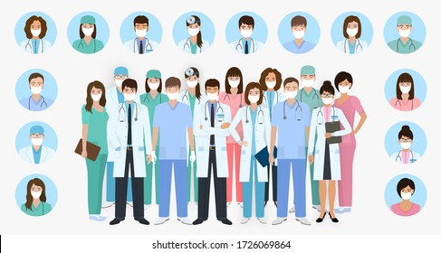 Group of doctors and nurses characters in masks in different poses with vector profile avatars. Medical people design. Hospital staff. Flat style vector illustration.