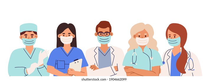 Group Of Doctors And Nurses In Coats And Face Masks Standing Together. Banner With Team Of Medical Staff Or Hospital Workers In Medic Uniform. Flat Vector Illustration Isolated On White Background