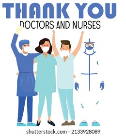 Group of doctors and nurses in coats and face masks standing together. Banner with team of medical staff or hospital workers in medic uniform. Flat vector illustration isolated on white background
