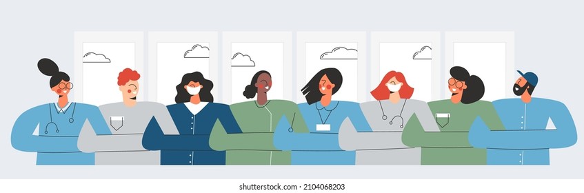 Group of doctors nurses healthcare workers and medical staff standing in chain. Banner with a multicultural group of medics. Nurse and intern students in uniform. Flat vector cartoon illustration