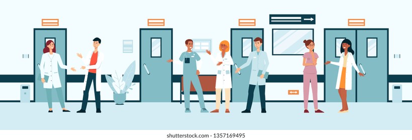 Group of doctors and nurses in hospital corridor cartoon style, vector illustration on flat background. Team of medical professionals talking to each other in clinic hall