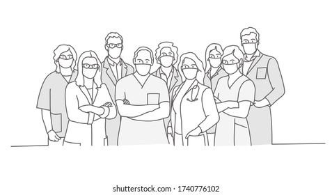 Group of doctors and nurses in medical face mask. Stop Coronavirus concept. Line drawing vector illustration.