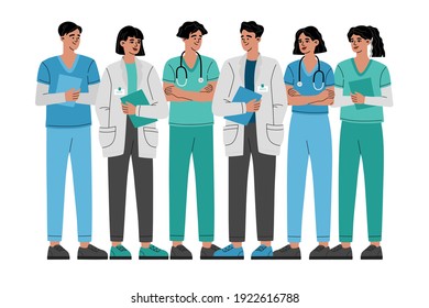 Group Of Doctors, Nurses And Medical Personnel Team, Healthcare Frontline Workers, Heroes Character. Professional Therapist And Hospital Staff. Trendy Modern Illustration Isolated On White Background