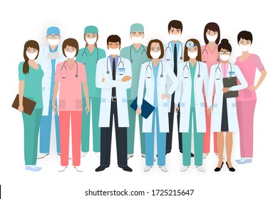 Group Of Doctors And Nurses With Medical Protective Masks Standing Together In Different Poses. Medical People. Hospital Staff. Flat Style Vector Illustration.